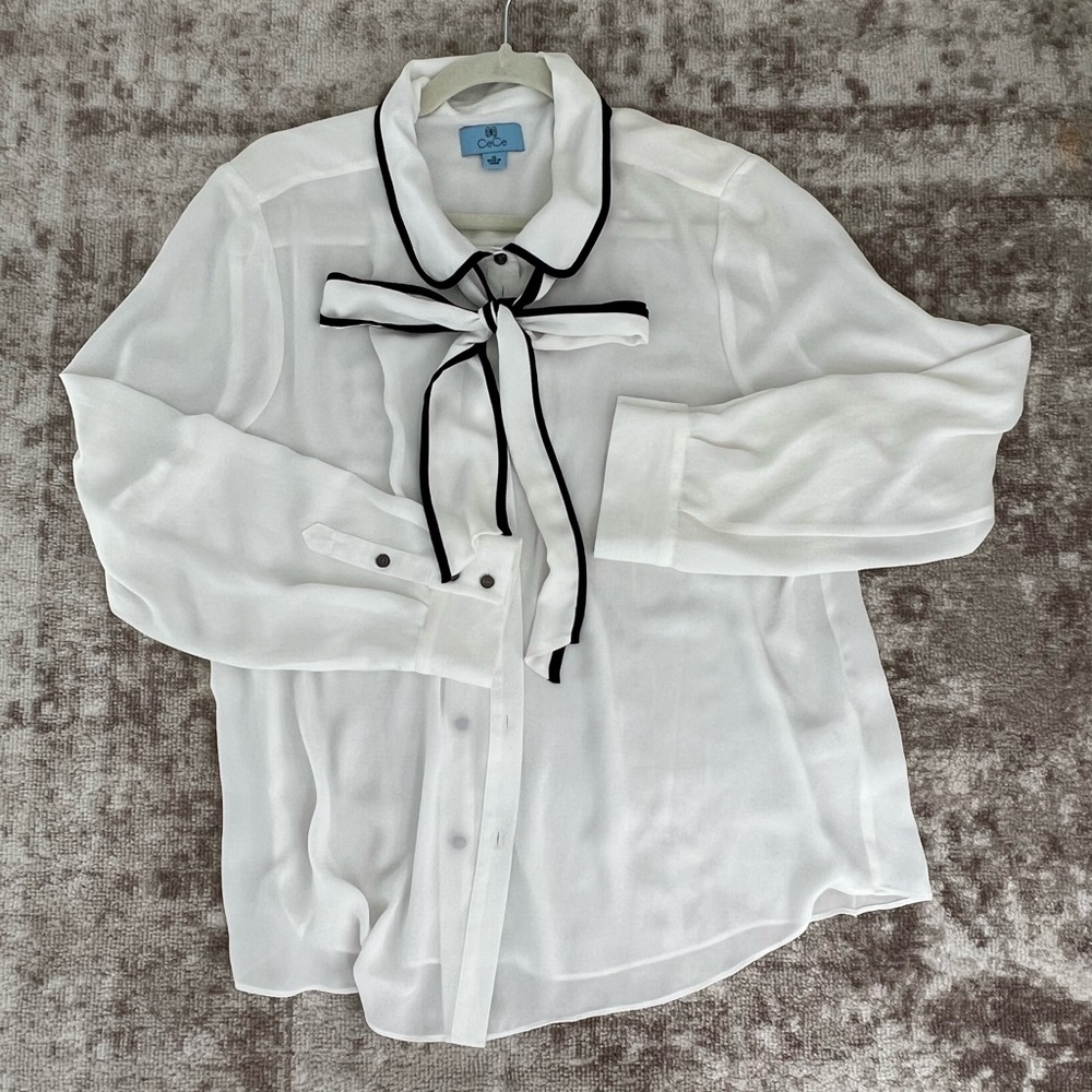 Sheer white and black blouse with neck tie